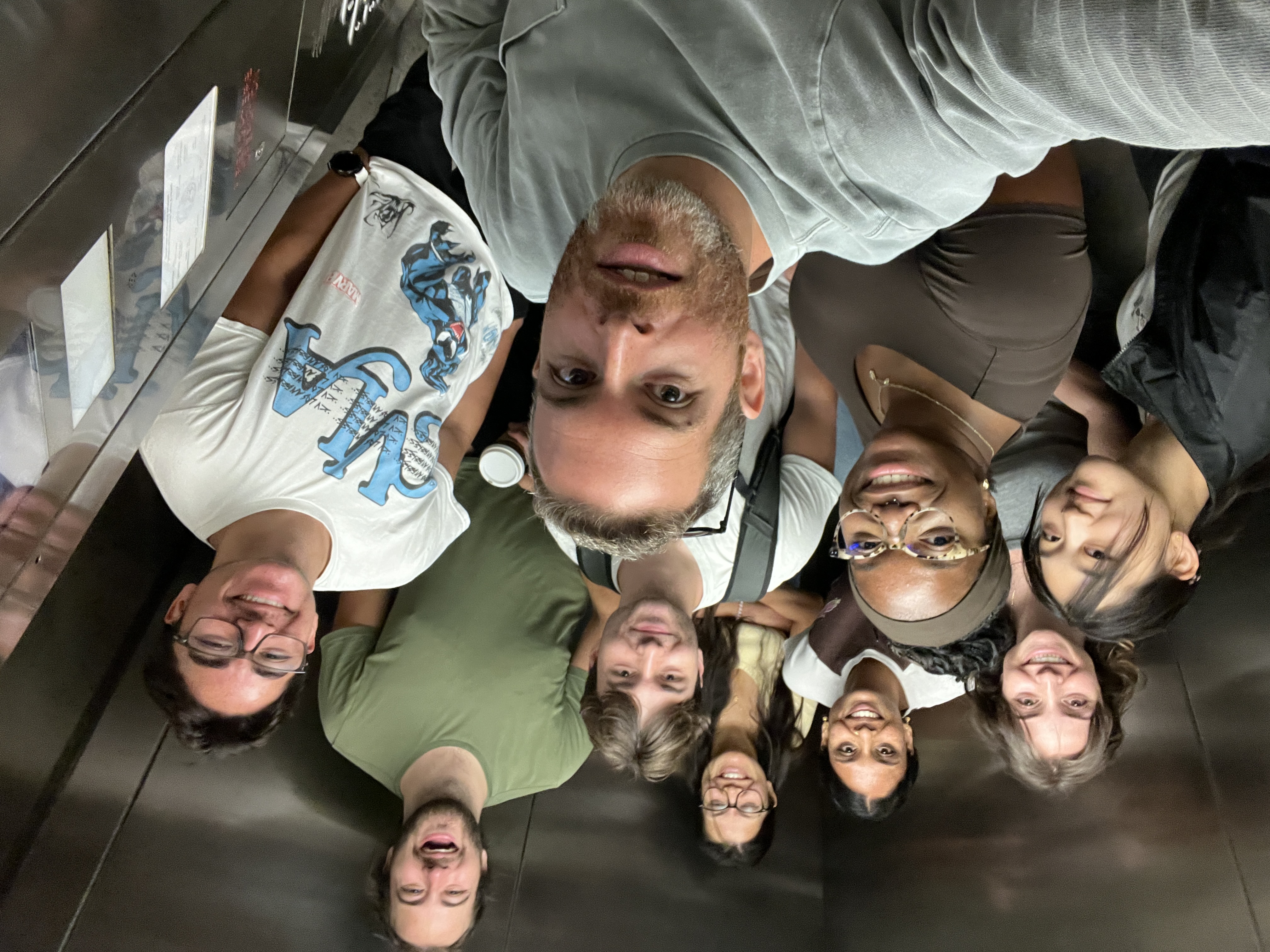 The whole lab in the elevator
